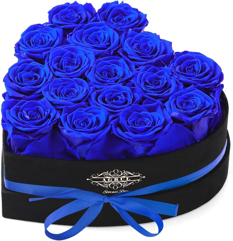 Blue Preserved Roses in Heart Box for Mom's Birthday