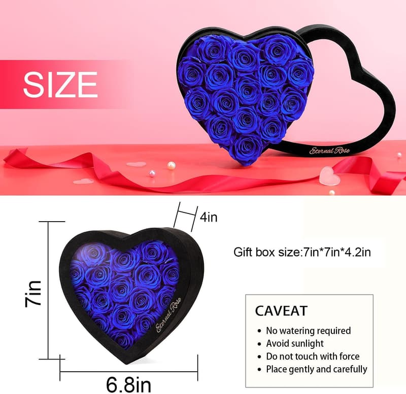 Blue Preserved Roses in Heart Box for Mom's Birthday