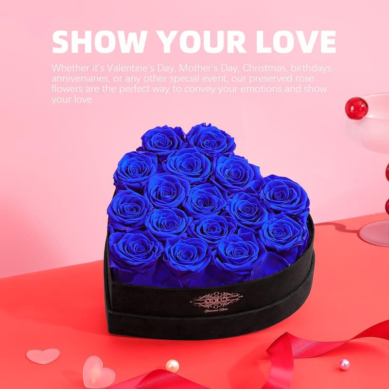 Blue Preserved Roses in Heart Box for Mom's Birthday