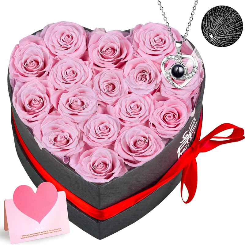 Valentine's Day Preserved Roses Heart Box with Necklace for Women