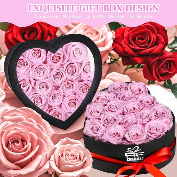 Valentine's Day Preserved Roses Heart Box with Necklace for Women