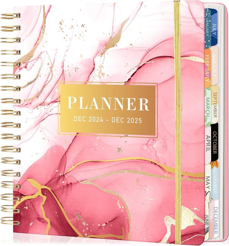 2024-2025 Women's Large Pink Marble Planner with Pockets & Tabs