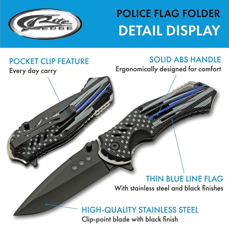Thin Blue Line Police Flag Folding Knife – 8-Inch EDC Pocket Knife