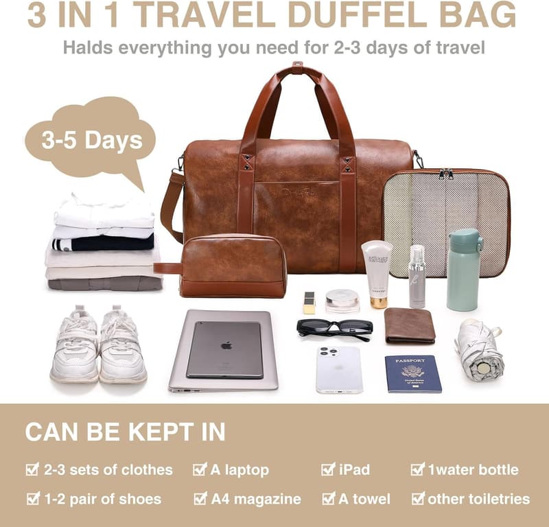 Large Capacity Leather Weekender Bag Set with Shoe Compartment
