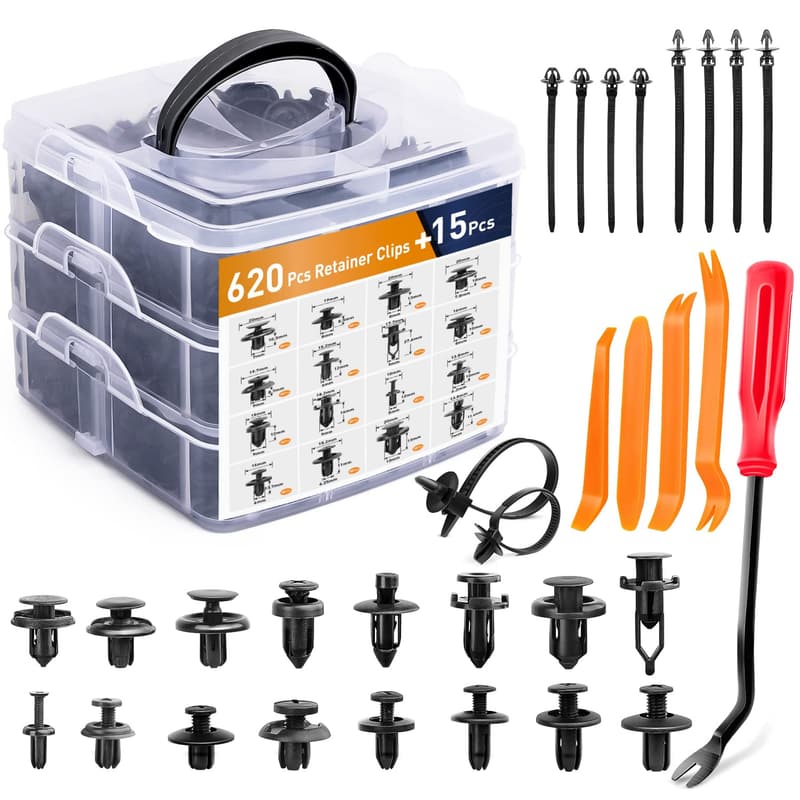 Car Retainer Clips & Fasteners Assortment - 16 Nylon Sizes