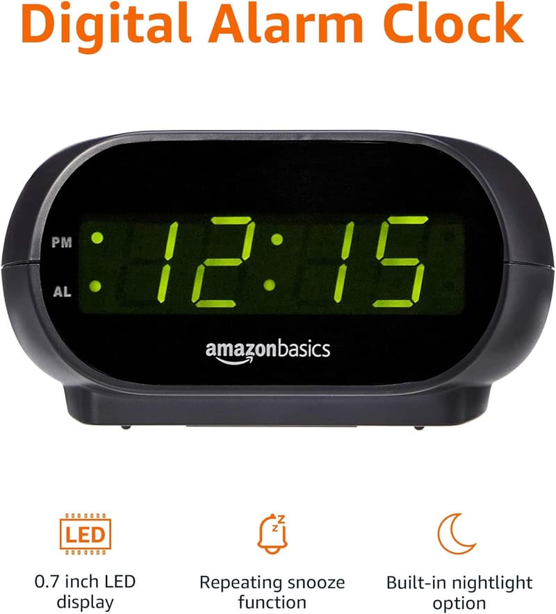 Compact Black Digital Alarm Clock with LED Display and Nightlight