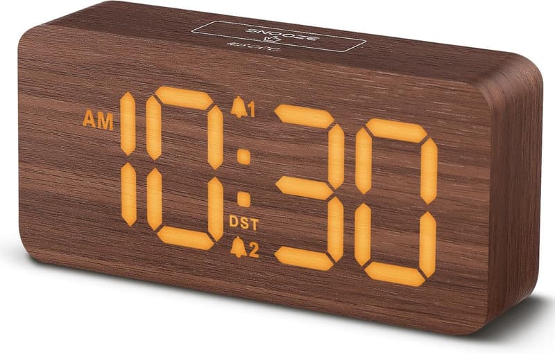 Dimmable Wooden Alarm Clock for Heavy Sleepers - Dual Alarm