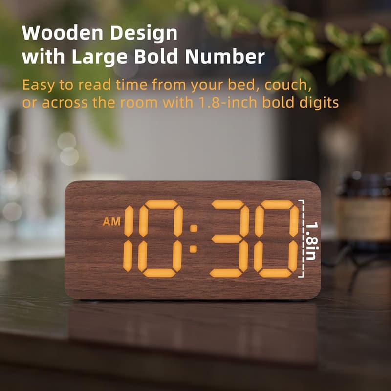 Dimmable Wooden Alarm Clock for Heavy Sleepers - Dual Alarm