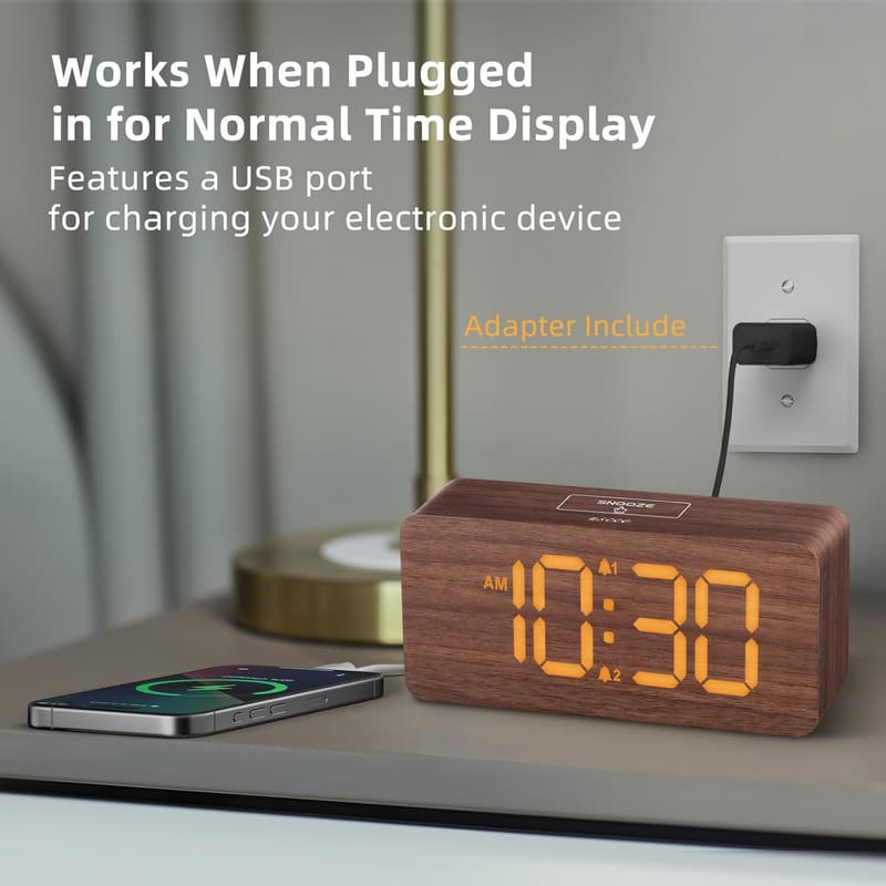 Dimmable Wooden Alarm Clock for Heavy Sleepers - Dual Alarm