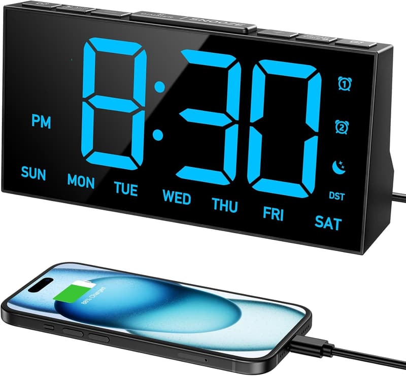 Digital Alarm Clock with Dual Alarms, USB Port, 4 Brightness Levels