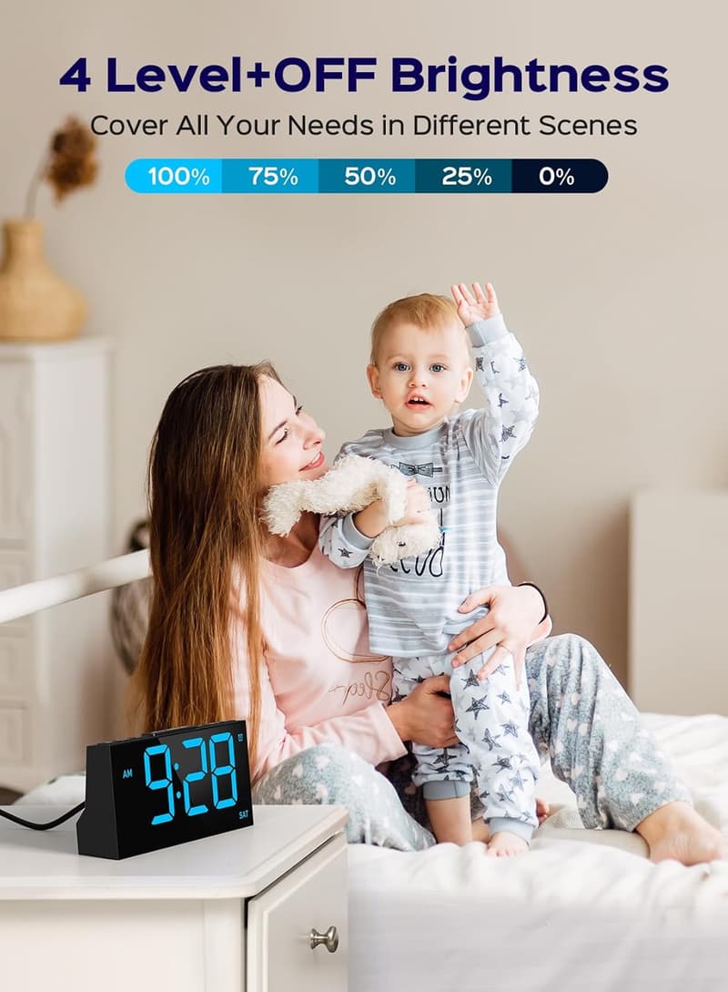 Digital Alarm Clock with Dual Alarms, USB Port, 4 Brightness Levels