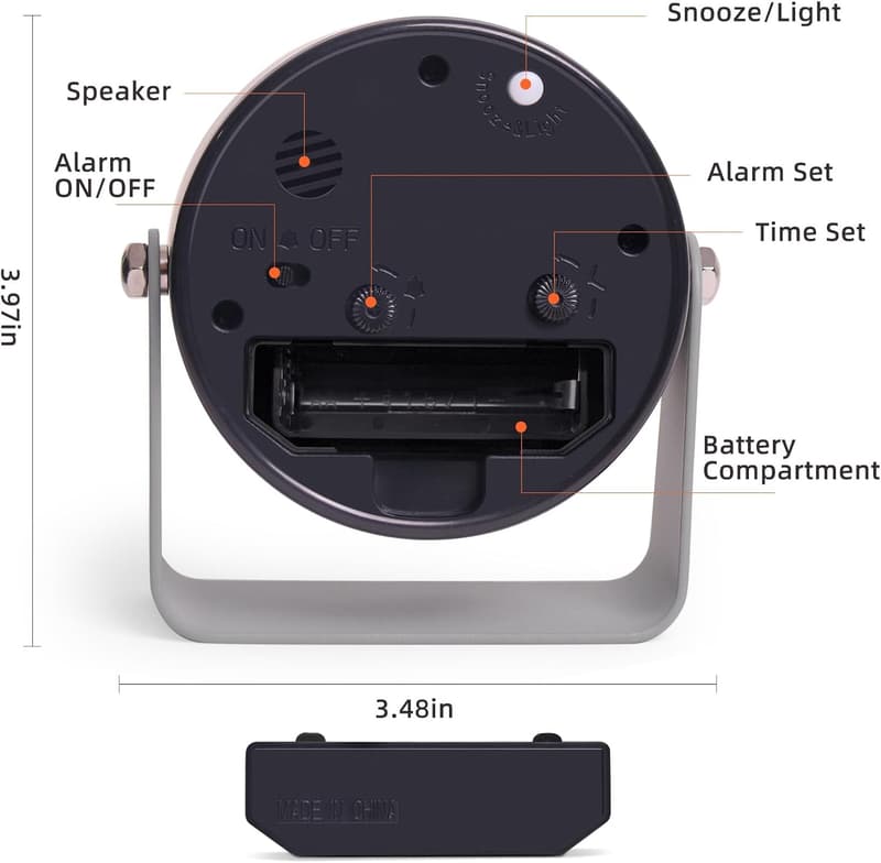 Battery-Operated Silent Quartz Alarm Clock with Snooze - Gray