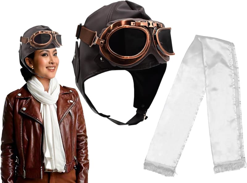 Retro Aviator Helmet Costume Set with Goggles & Scarf