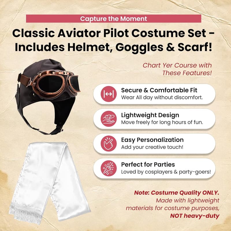 Retro Aviator Helmet Costume Set with Goggles & Scarf