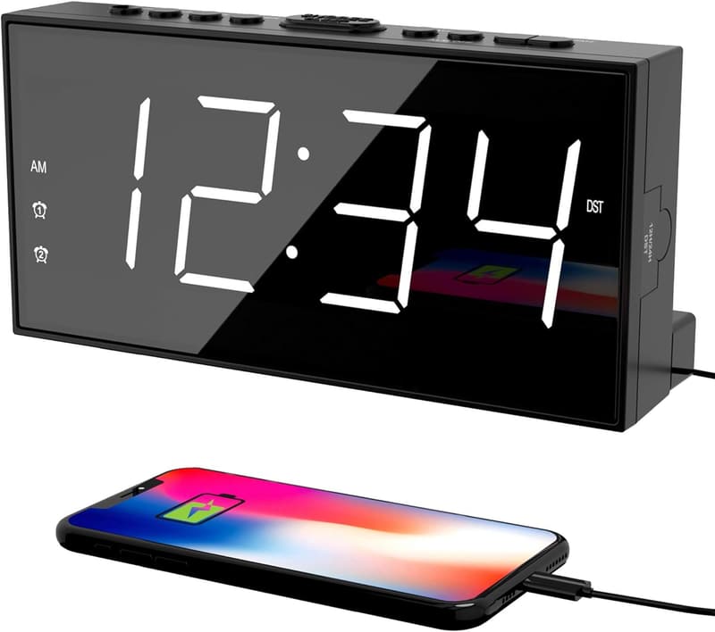 Loud LED Alarm Clock with USB Charging, Dimmable Display