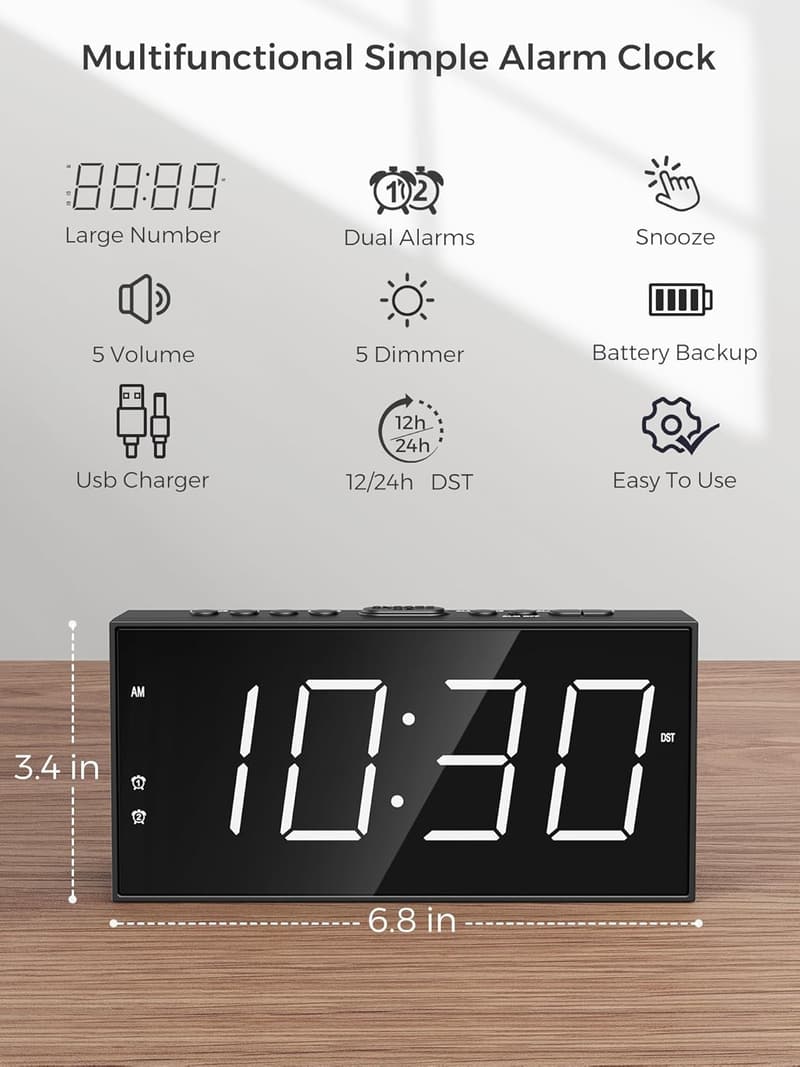 Loud LED Alarm Clock with USB Charging, Dimmable Display
