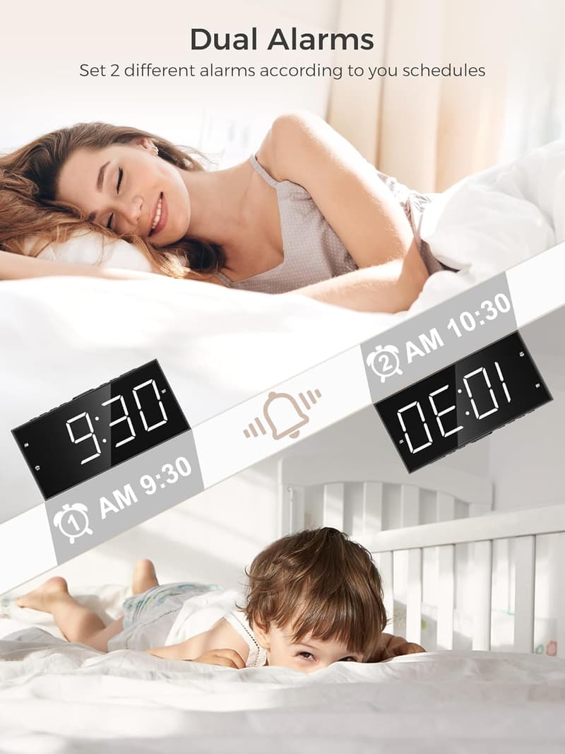 Loud LED Alarm Clock with USB Charging, Dimmable Display