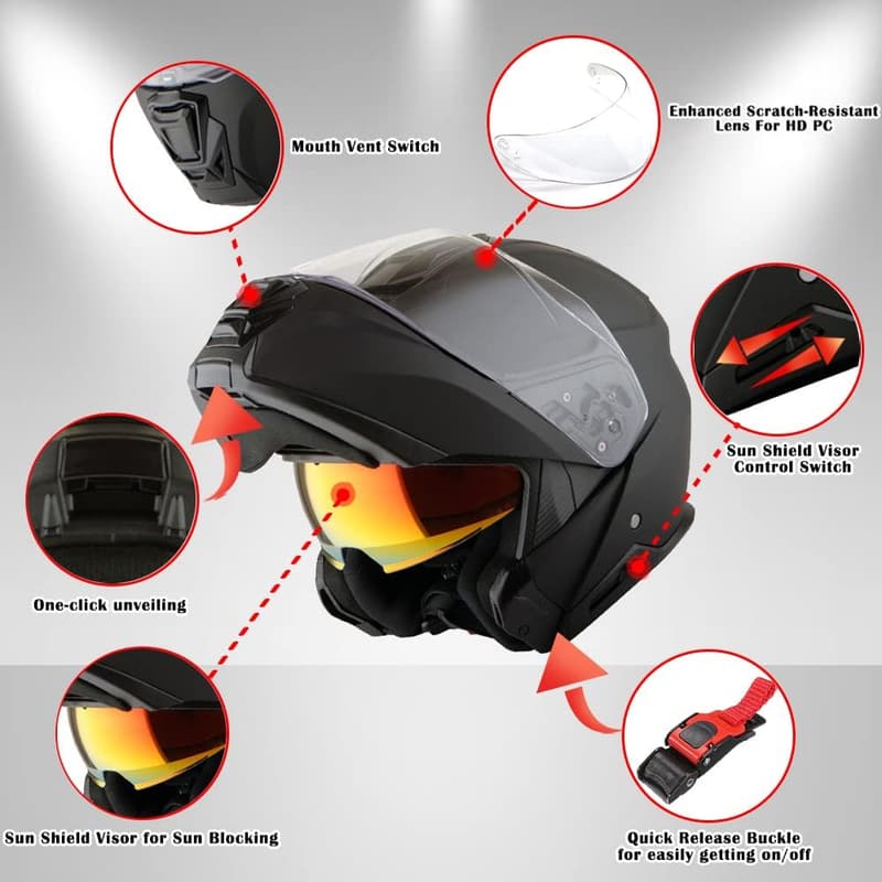 Modular Full Face Motorcycle Helmet with Dual Visor - Matt Black