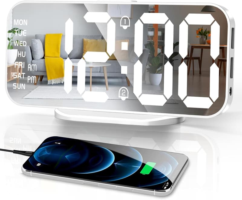 Slim LED Mirror Digital Alarm Clock with Dual Alarms & USB Ports