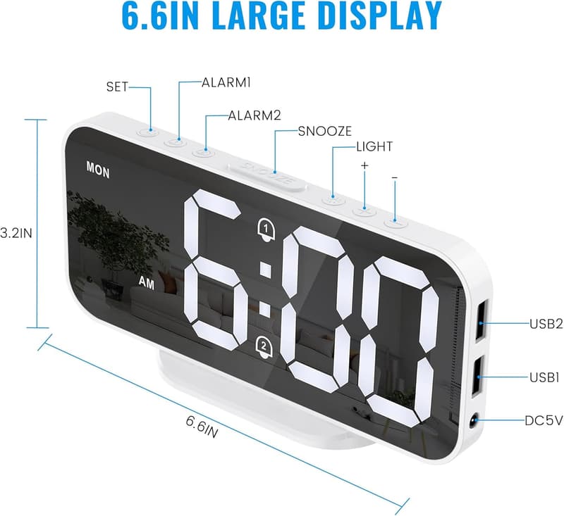 Slim LED Mirror Digital Alarm Clock with Dual Alarms & USB Ports