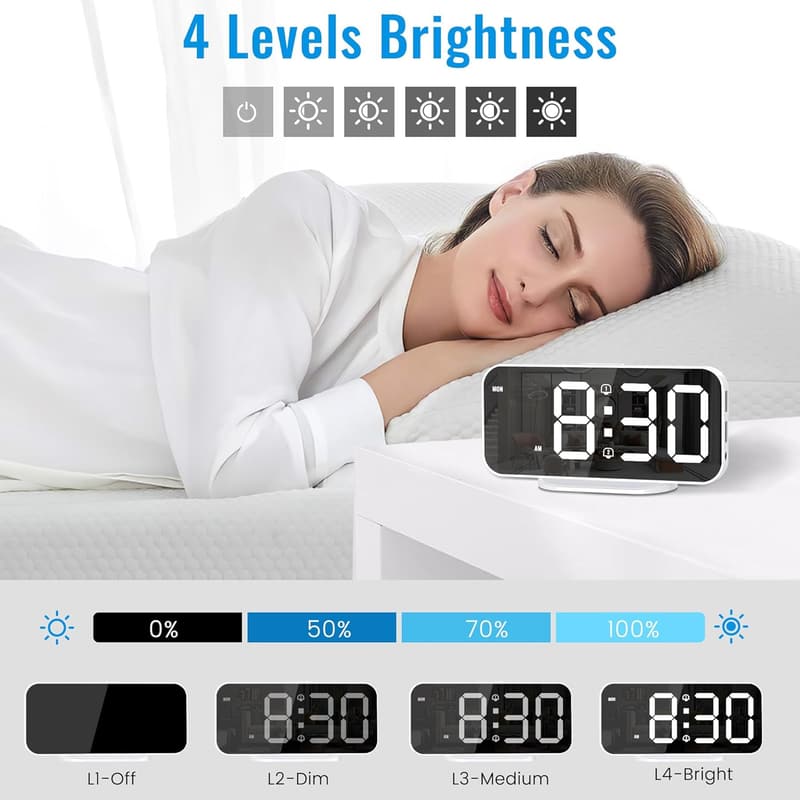 Slim LED Mirror Digital Alarm Clock with Dual Alarms & USB Ports