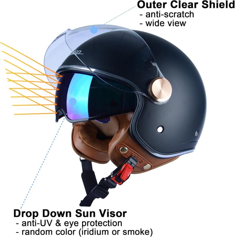 DOT Approved Open Face Motorcycle Helmet with Dual Visors