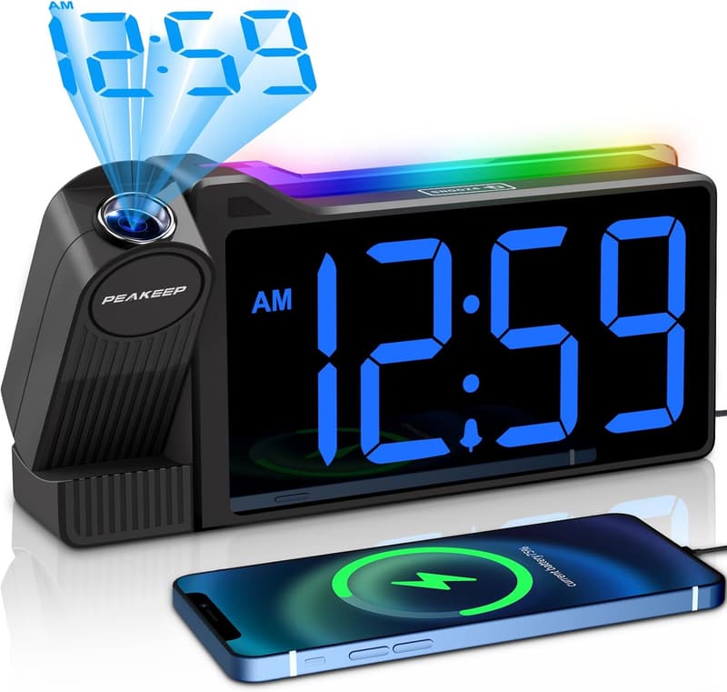 Loud Projection Alarm Clock with Colorful Nightlight and USB Port