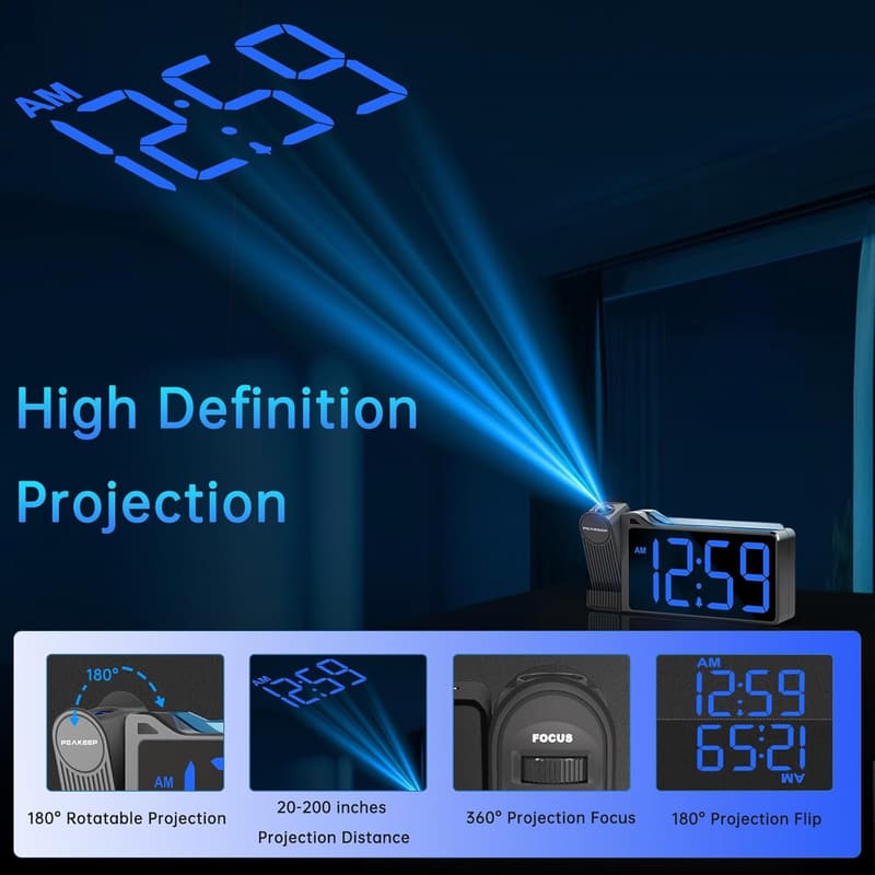Loud Projection Alarm Clock with Colorful Nightlight and USB Port