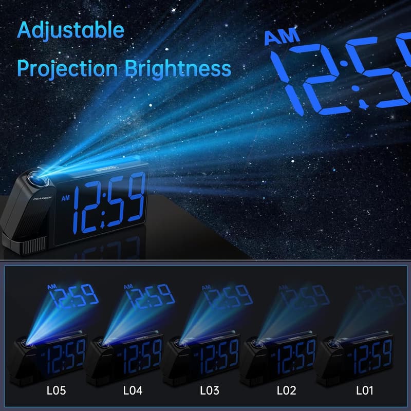 Loud Projection Alarm Clock with Colorful Nightlight and USB Port