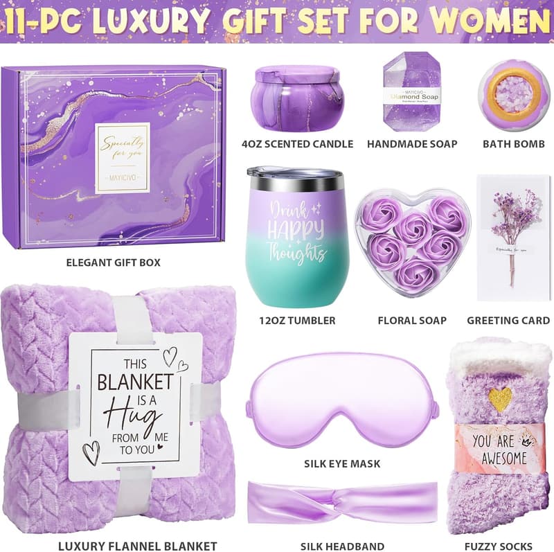 Lavender Spa Gift Basket with Flannel Blanket for Her