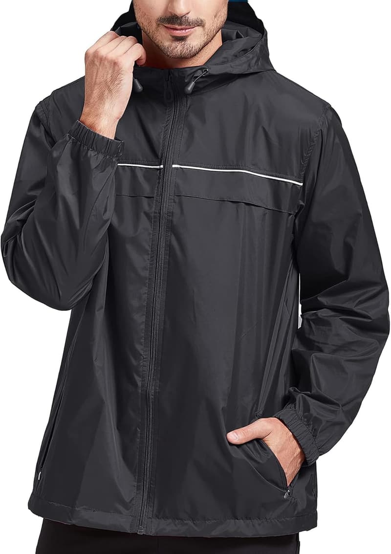 Men's Lightweight Hooded Rain Jacket - Waterproof Windbreaker