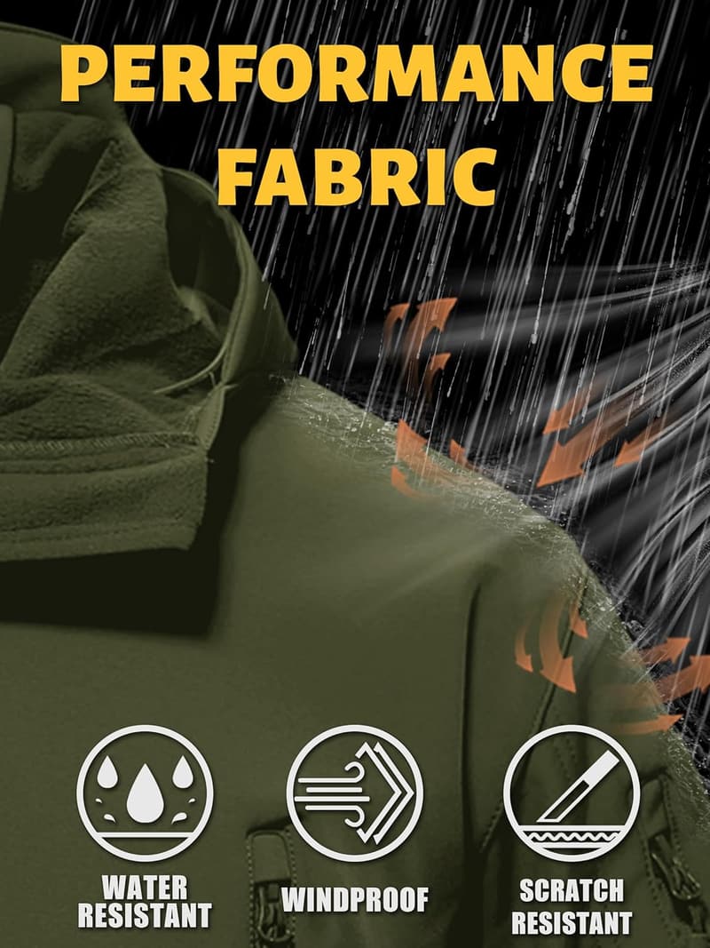 Men's Tactical Fleece Rain Jacket - Warm Softshell Hooded