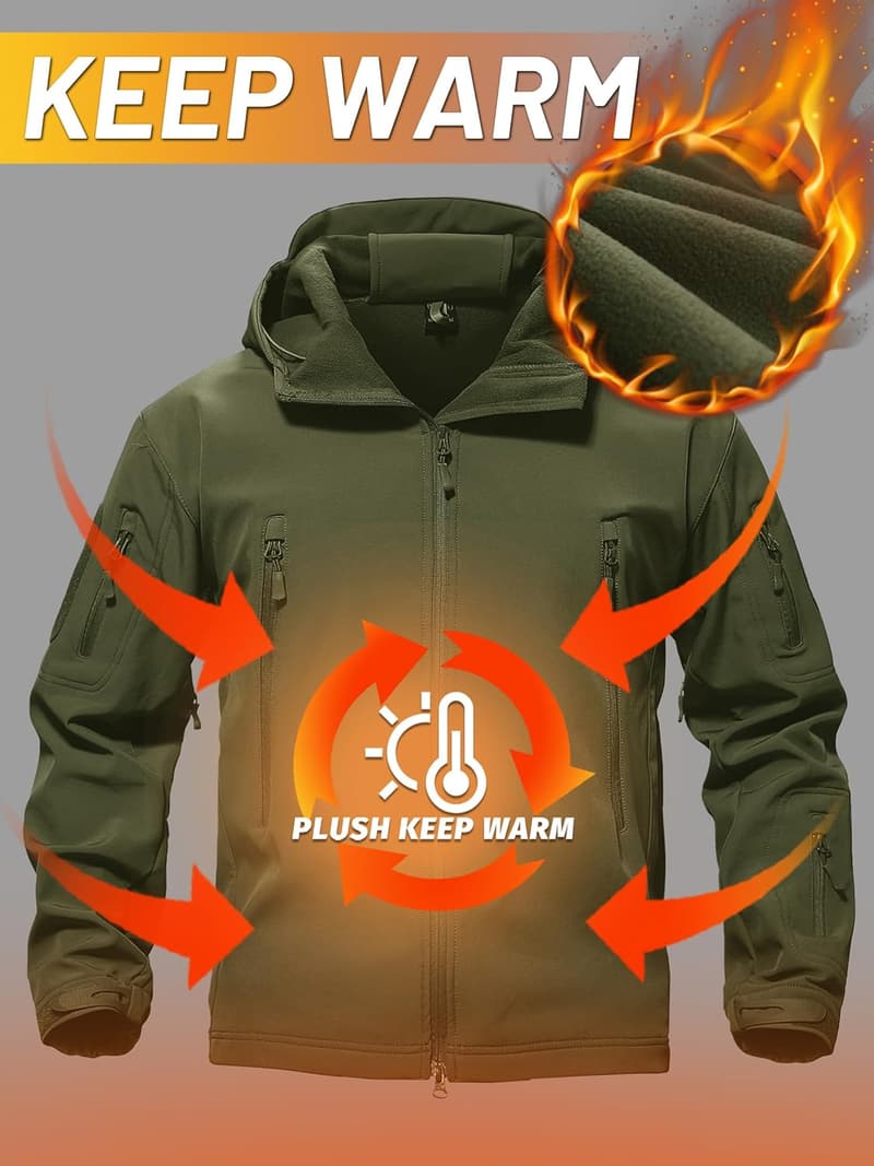 Men's Tactical Fleece Rain Jacket - Warm Softshell Hooded