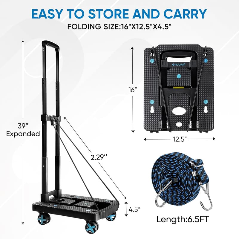 Folding Portable Dolly Cart - 4-Wheel, 110 lbs Capacity