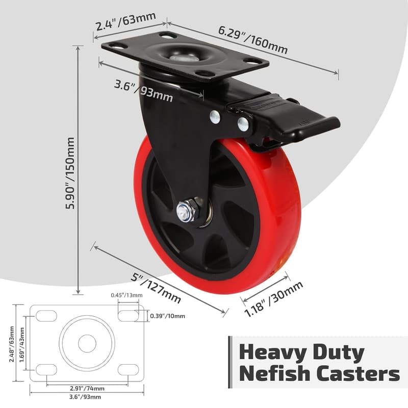 Heavy-Duty 5-Inch Swivel Casters with Brake - Set of 4