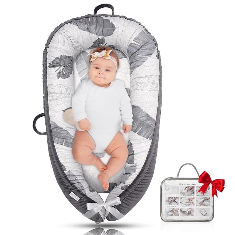 Newborn Baby Lounger - Lightweight Snuggle Nest (Grey Leaves)