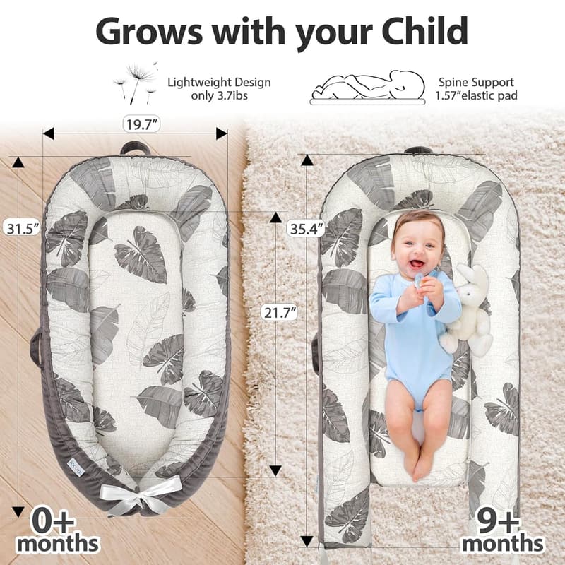 Newborn Baby Lounger - Lightweight Snuggle Nest (Grey Leaves)