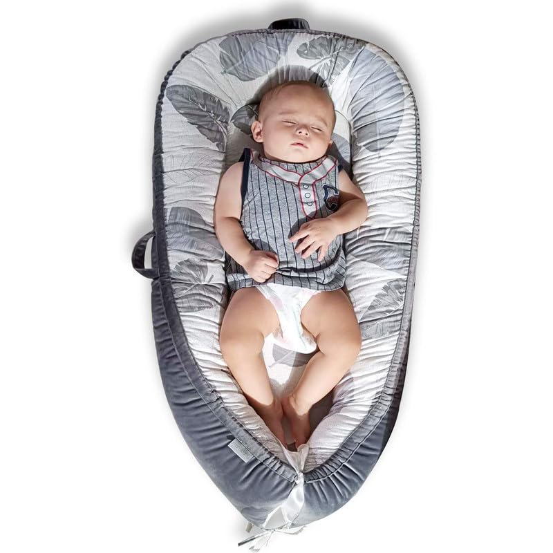 Newborn Baby Lounger - Lightweight Snuggle Nest (Grey Leaves)