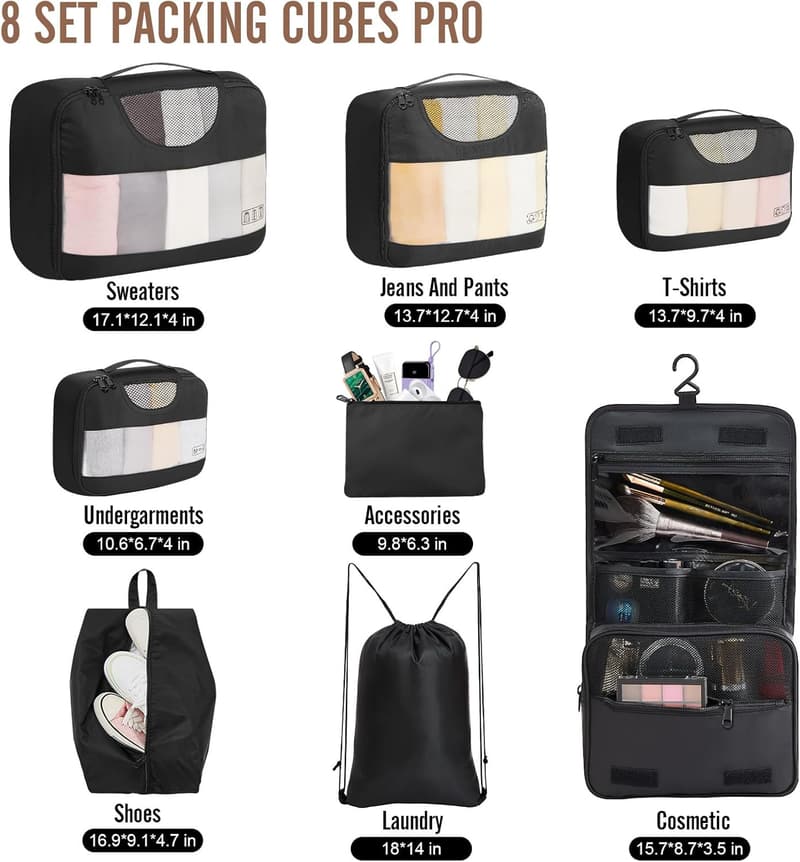 Packing Cubes Set for Travel - Black Organizer Bags (8 pcs)
