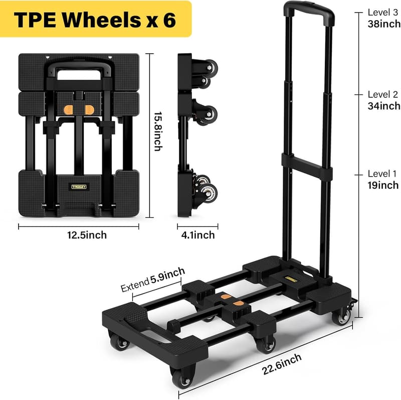 Heavy-Duty Folding Dolly Cart with 6 Wheels & Straps