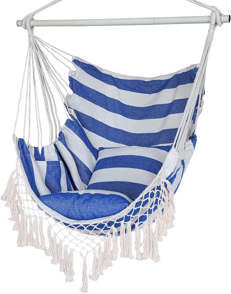 Macrame Hanging Hammock Chair with Cushions and Side Pocket
