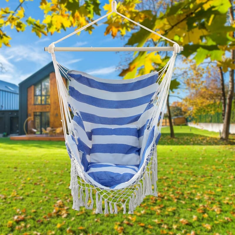 Macrame Hanging Hammock Chair with Cushions and Side Pocket