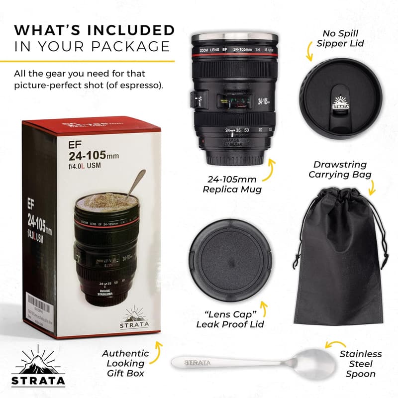 Camera Lens Coffee Mug 13.5oz with Lids & Spoon - Gift for Dad