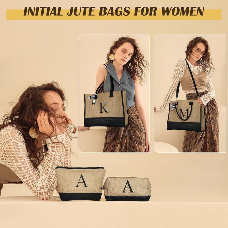 Personalized Birthday Gift: Initial Jute Tote & 2 Makeup Bags for Women