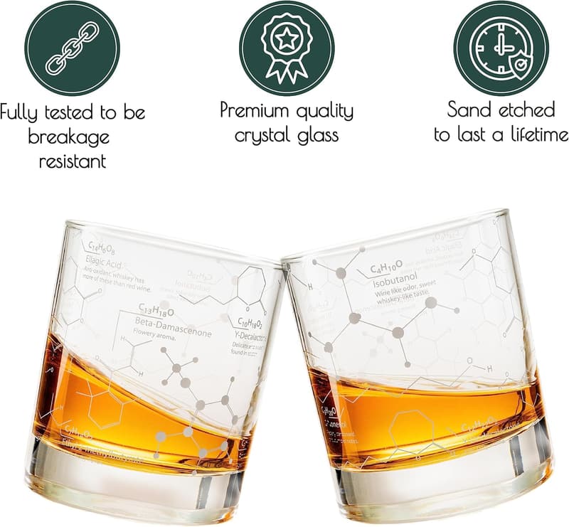 Whiskey Glass Set - 10 oz Tumblers with Etched Chemistry Design