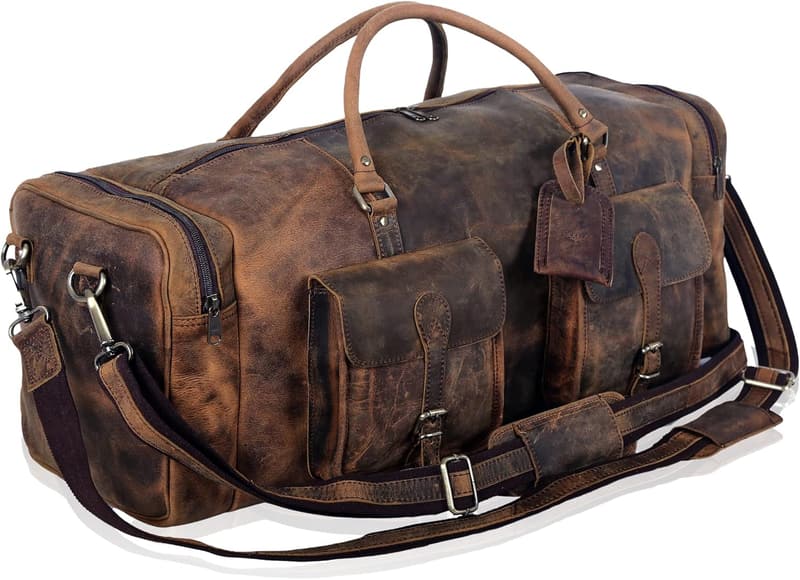 28-Inch Distressed Brown Leather Duffle Bag for Travel & Gym