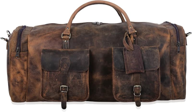 28-Inch Distressed Brown Leather Duffle Bag for Travel & Gym
