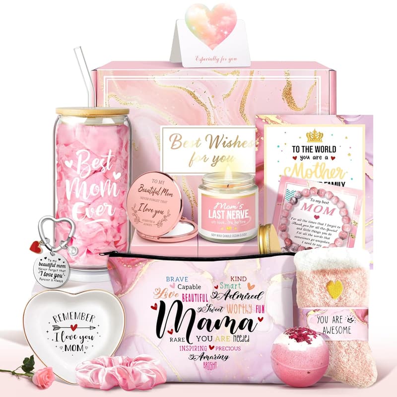 Mother's Day Gift Basket with Candle, Bath Bomb & Cup