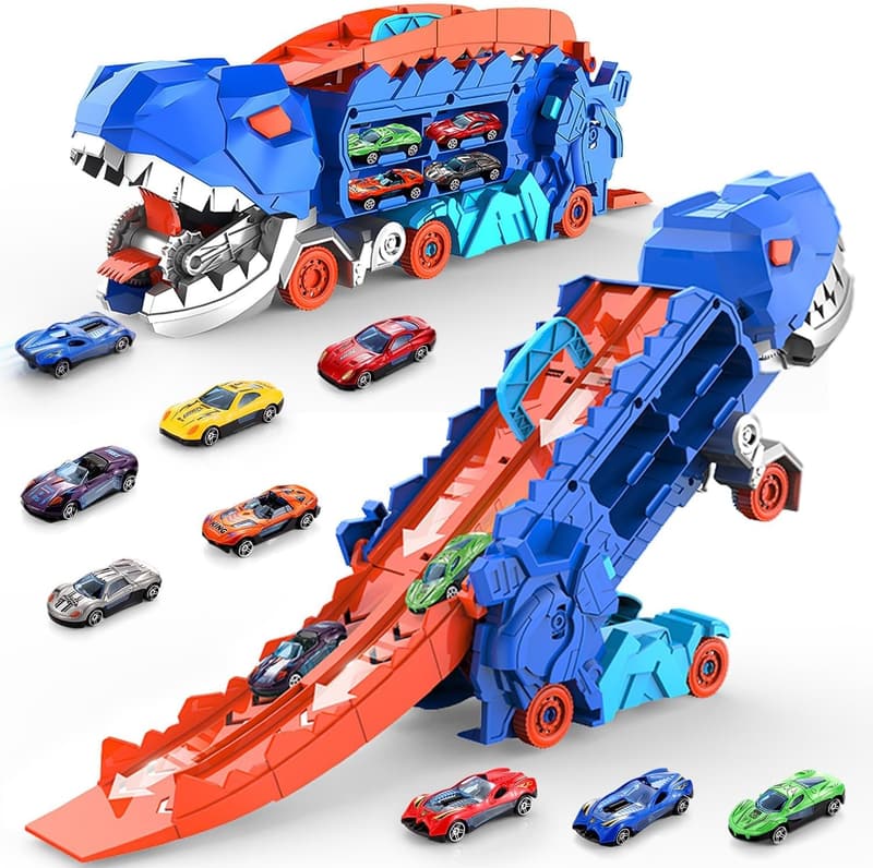 Dinosaur Transport Truck Set with Race Cars and Track for Kids