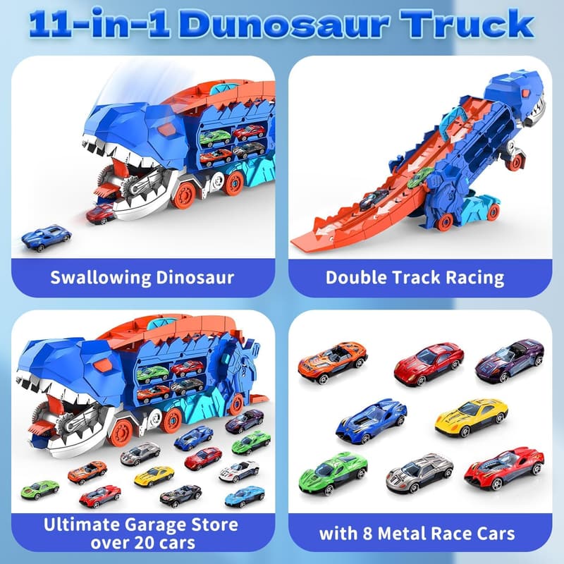 Dinosaur Transport Truck Set with Race Cars and Track for Kids